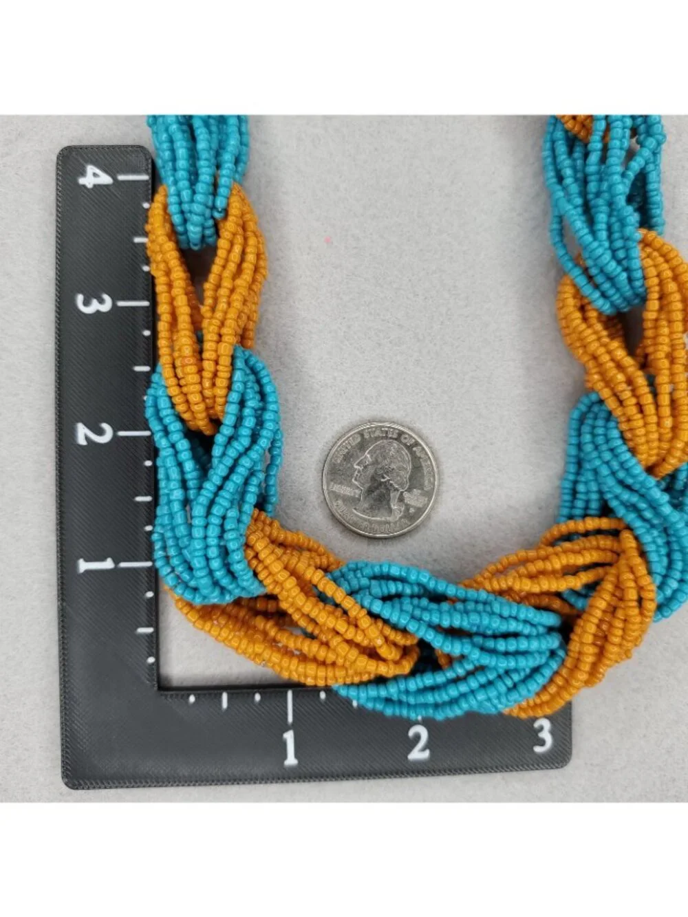 Seed Beaded Statement Necklace Orange Blue Links 25